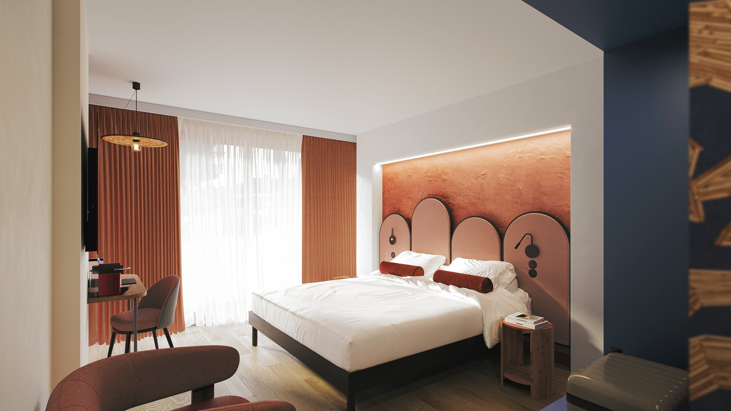 Chambre botaniste du futur hôtel Mercure, motifs floraux, corail doux, tonalités terreuses.