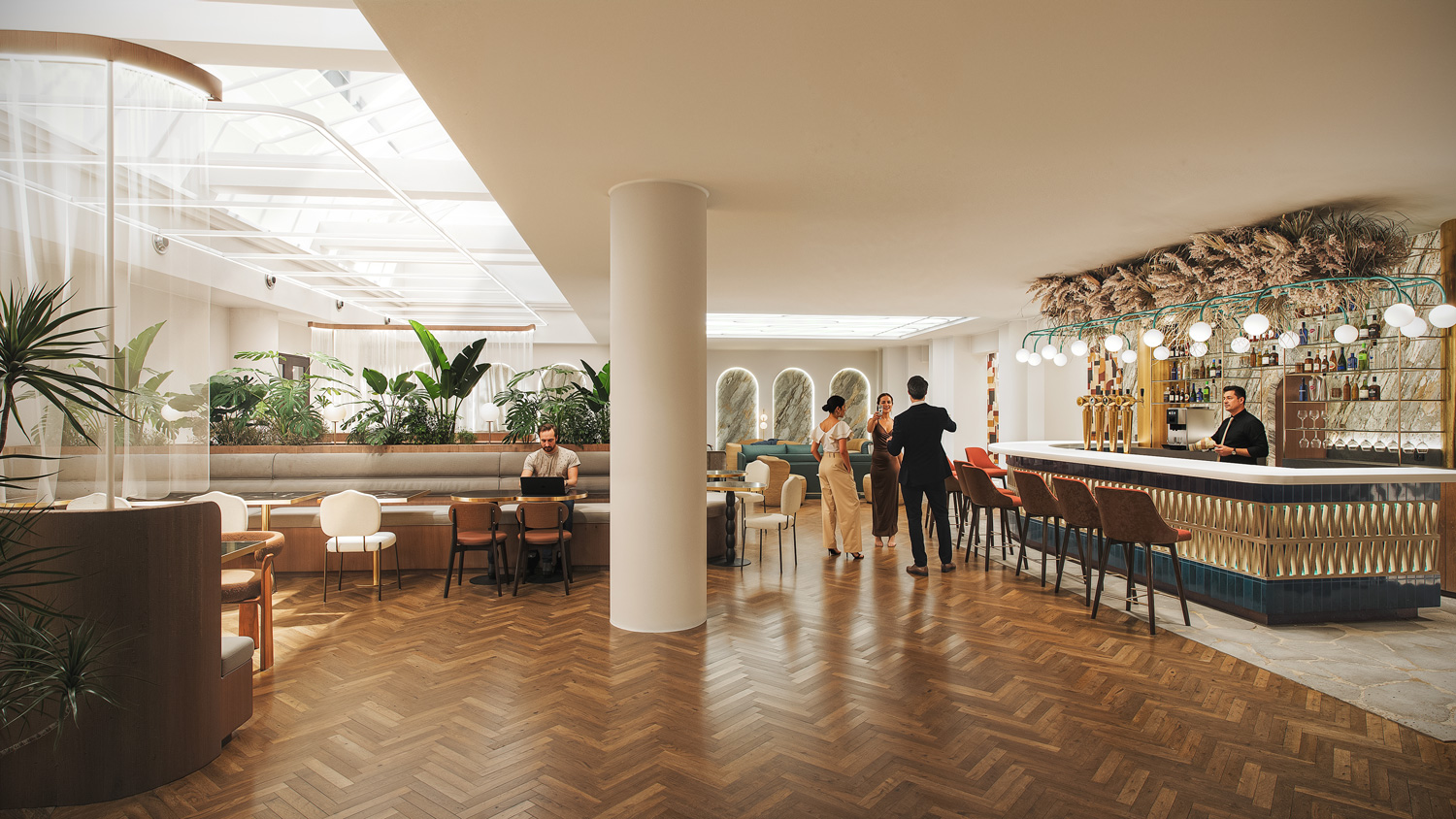 Réalisation du bar lounge, avec son plafond à caissons, et son mobilier confort alliant confort et esthétisme pour toutes les générations de voyageurs.