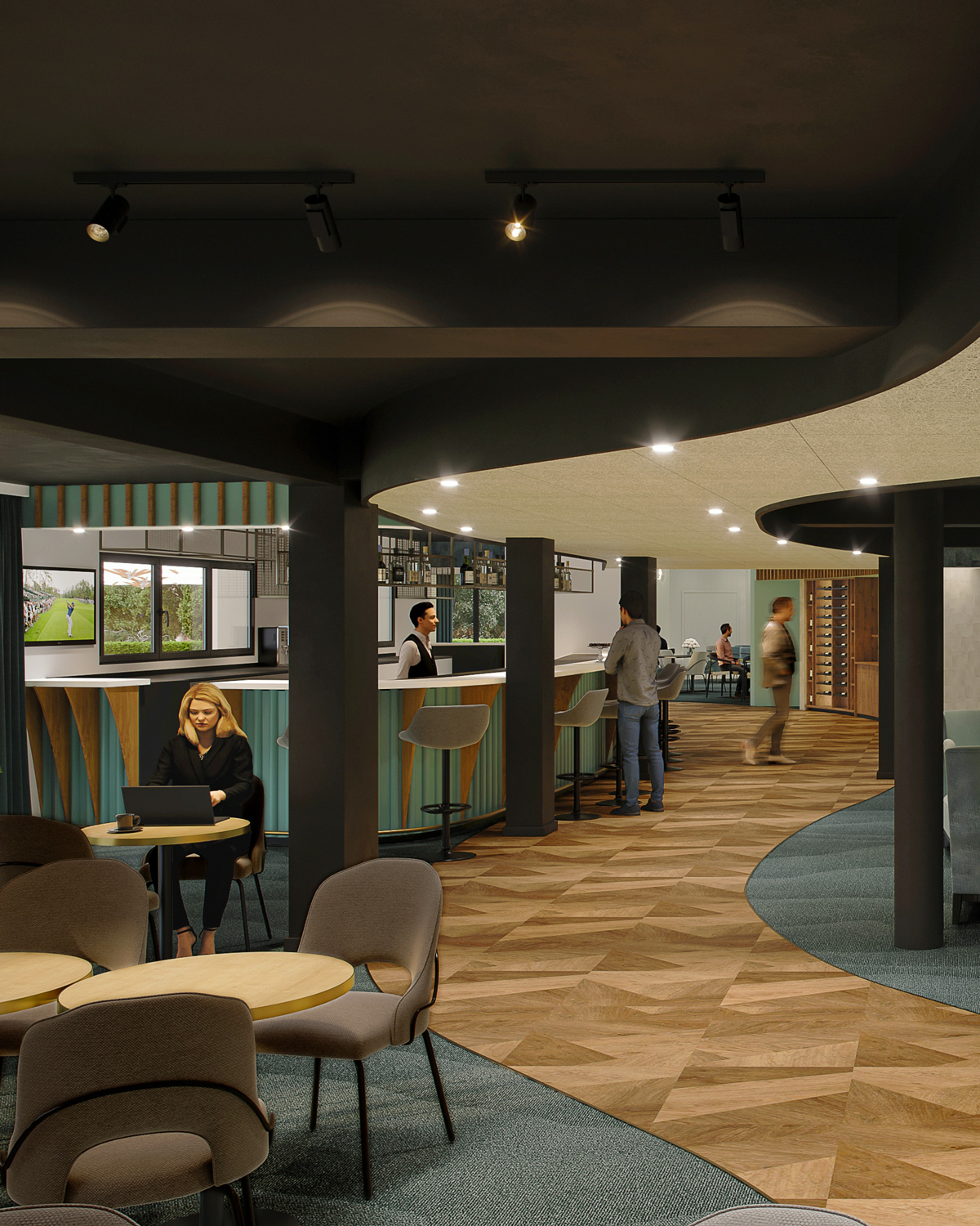 Visualisation d'une partie du futur espaces bar et circulation du salon de golf.